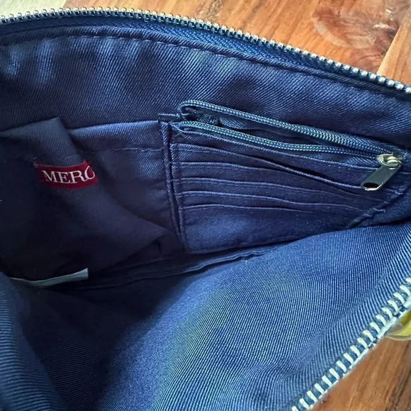 MERONA Blue White Woven‎ Textured Clutch Zip Top Yellow Tassel - Picture 2 of 3